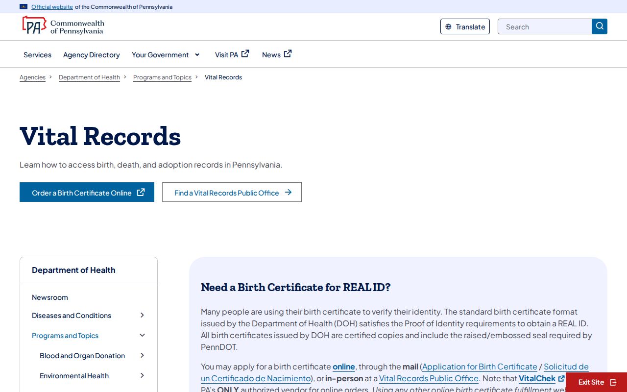 York County residents directory Pennsylvania vital records portal